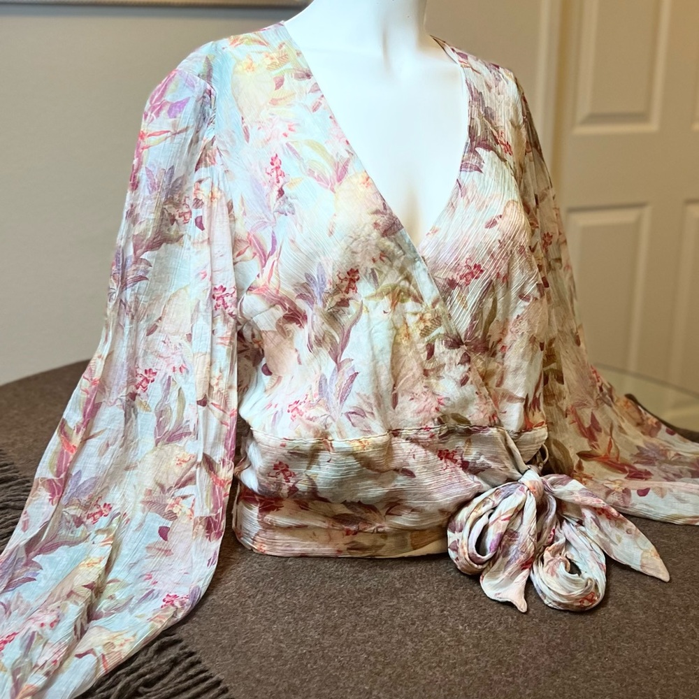 Guess Cream Long Sleeve Wrap Blouse